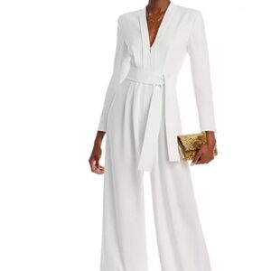 BCBGMAXAZRIA Long Sleeve Wide Leg  V Neck Jumpsuit White Ivory